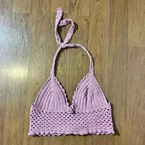 Vintage Hand Knit Crochet Pearl Pink Halter Crop Top Blouse Festival XL Womens